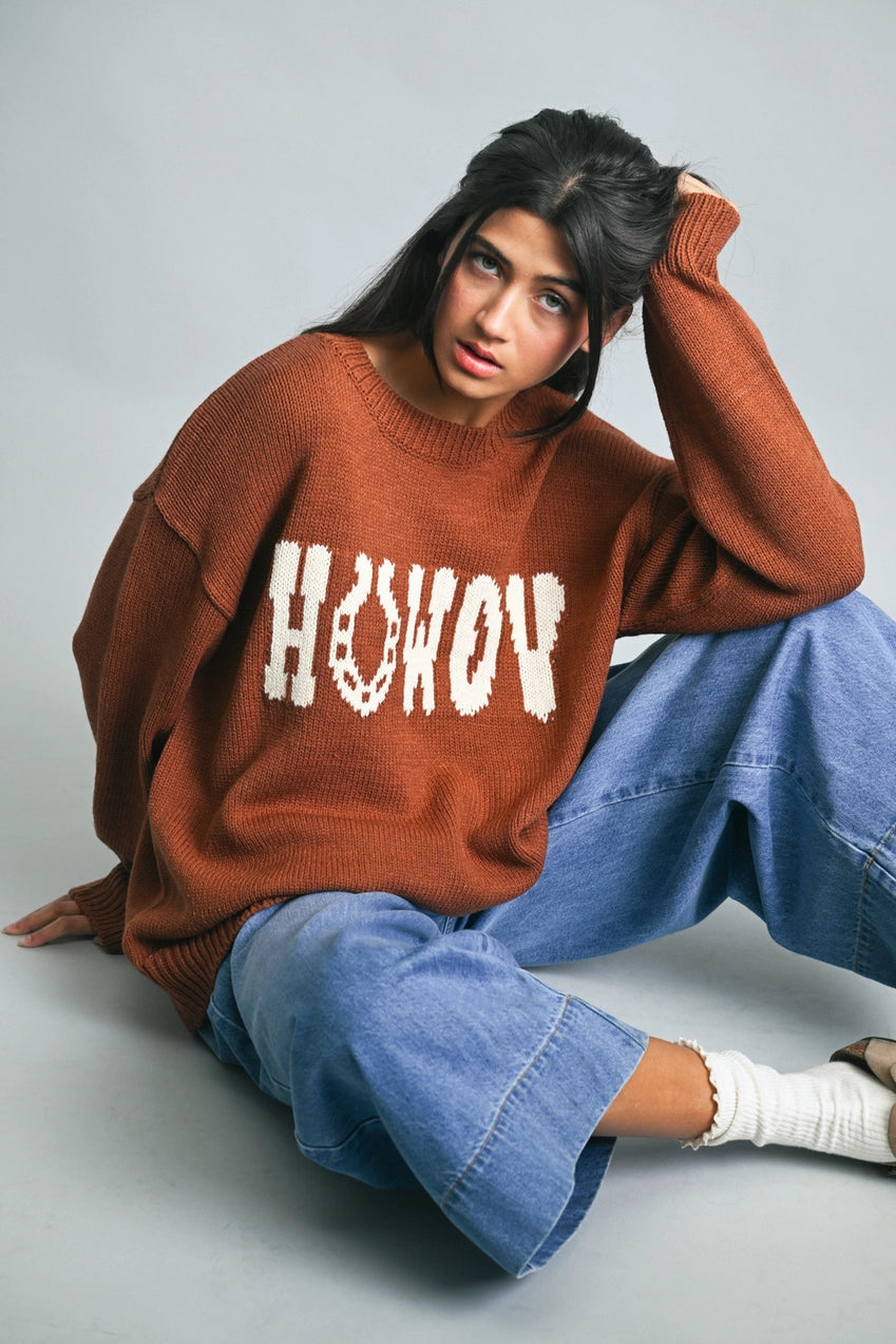 Howdy Horseshoe Woven Long Sleeve Knit Sweater