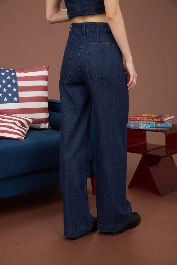 Bree High Waist Pintuck Seam Wide Leg Denim Pants