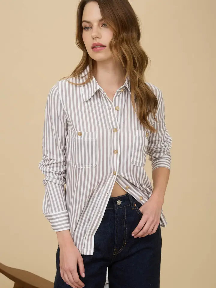 Toni Stripe Collared Long Sleeve Button Down Knit Shirt Blouse