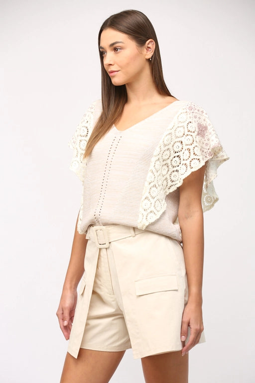 Lara Crochet Contrast Flutter Sleeve V-Neck Sweater