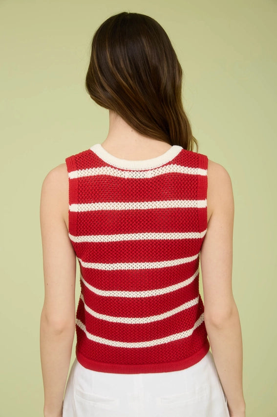 Marina Stripe Button Front Crochet Knit Vest