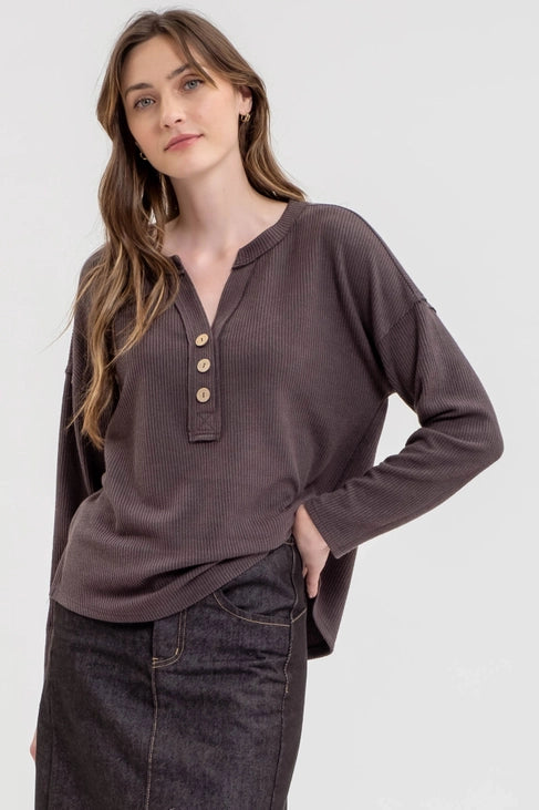 Truly Half Button V-Neck Long Sleeve Sweater Knit Top