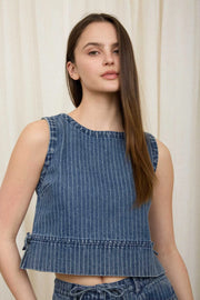 Tessa Sleeveless Side-Tie Striped Washed Denim Crop Top