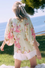 Dayna Tie Front Floral Printed Batwing Sleeve Peplum Blouse Top