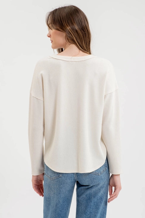 Truly Half Button V-Neck Long Sleeve Sweater Knit Top