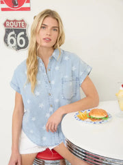 Lucky Stars Print Washed Denim Collared Shirt