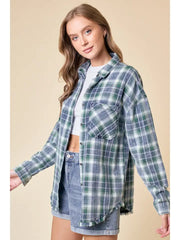 Sasha Washed Denim Plaid Button Down Shirt with Frayed Hem