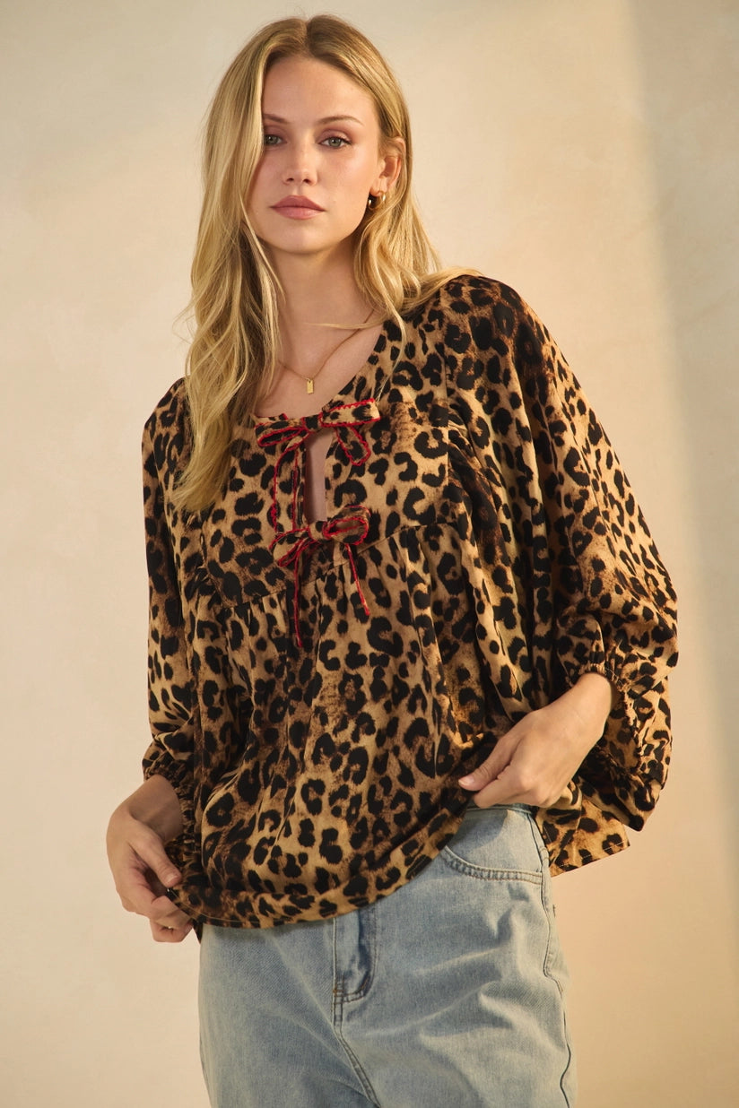 Haylee Tie Front Leopard Print Batwing Sleeve Peplum Top