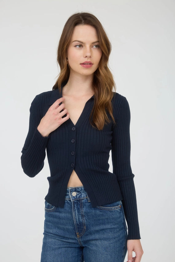 ViVi Collared V-Neckline Button Front Split Hem Sweater Knit Top