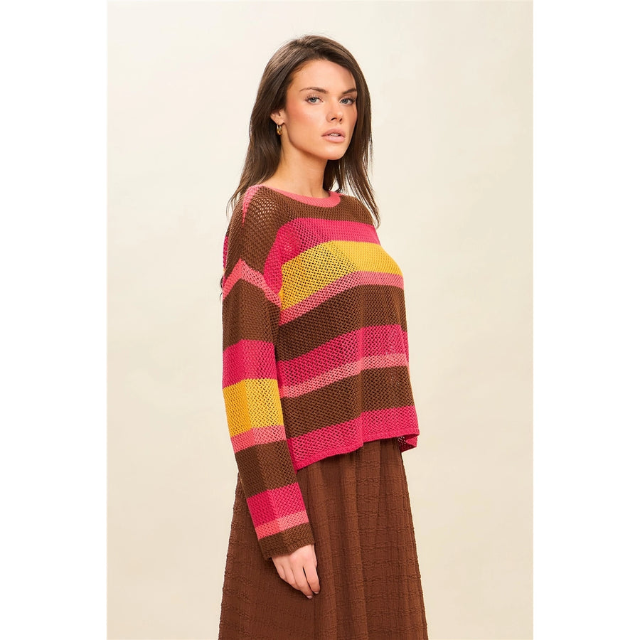 Marsha Open Knit Fuchsia Stripe Pullover Sweater