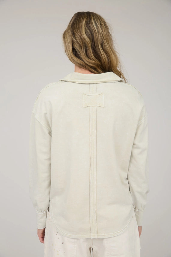 Cammie Collared Split Neck Long Sleeve Mineral Washed Top