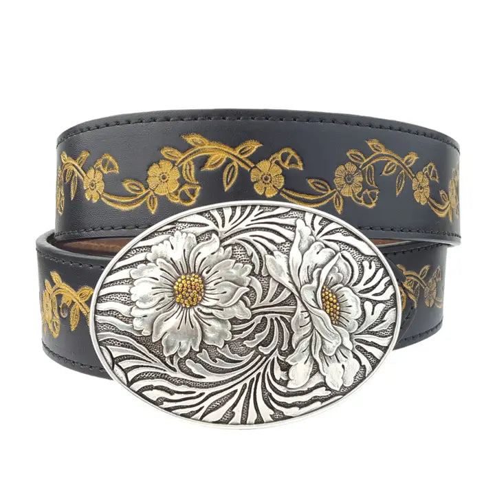 Floral Tooled Belt with Sunflower Buckle