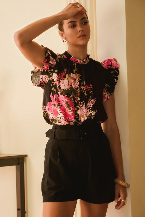 Charlene Sleeveless Ruffle Trim Floral Print Blouse