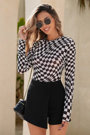 Delta Black & White Checkered Semi-Sheer Long Sleeve Mesh Top