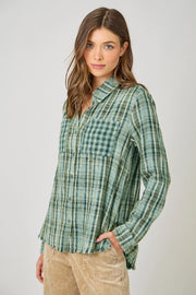 Gabriel Fringe Detail Washed Plaid Button Front Shirt