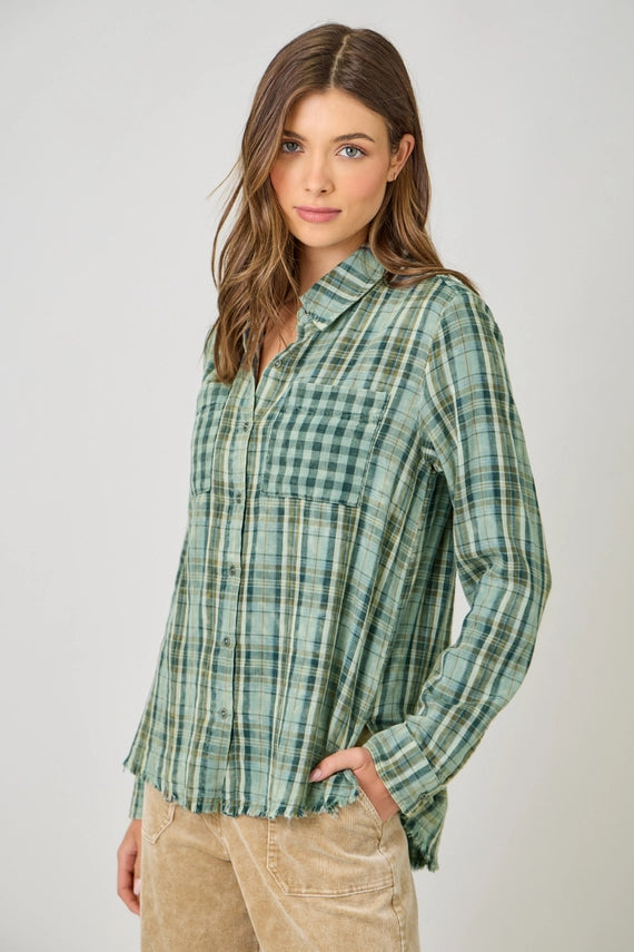 Gabriel Fringe Detail Washed Plaid Button Front Shirt