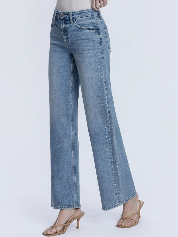 Celebrity High Rise Wide Leg Rhinestone Embellished Jeans