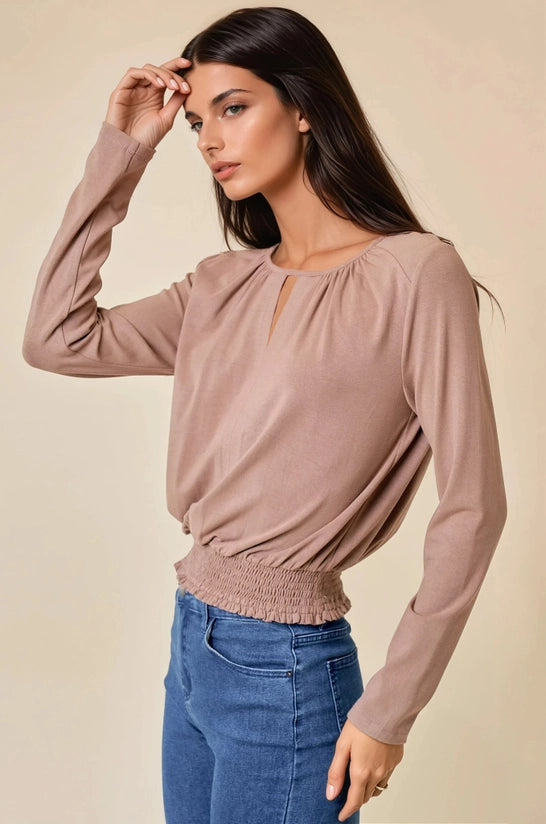 Carole Smocked Waist Long Sleeve Knit Blouse