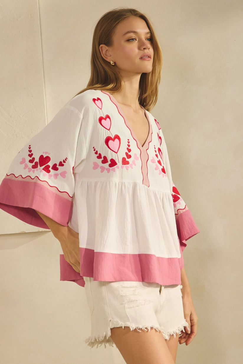 Be Mine Peasant-Style Hearts Embroidered Top