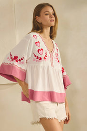 Be Mine Peasant-Style Hearts Embroidered Top