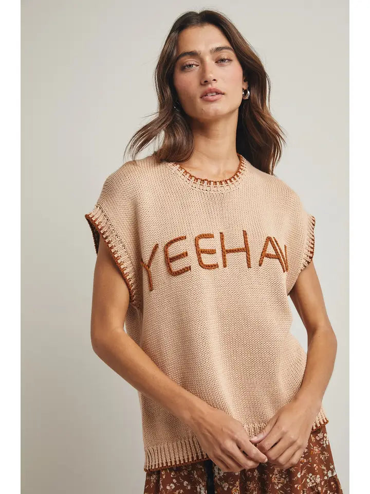 "YEEHAW" Cap Sleeve Wide Shoulder Sweater