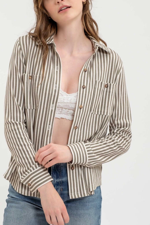 Toni Stripe Collared Long Sleeve Button Down Knit Shirt Blouse