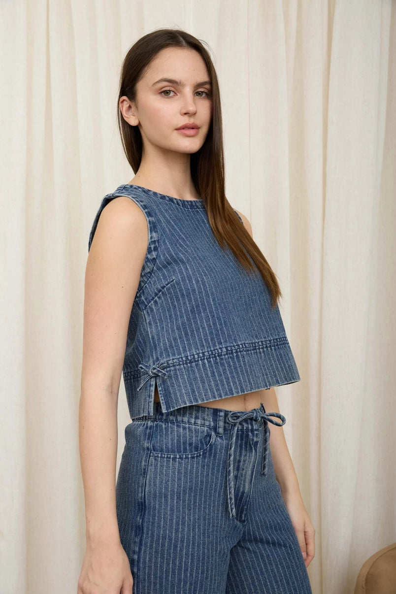 Tessa Sleeveless Side-Tie Striped Washed Denim Crop Top