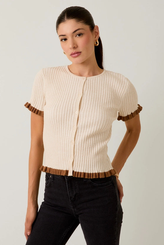 Maddyx Button Down Ruffle Ribbed Knit Top