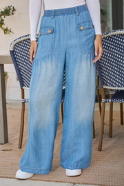 Nico Light Washed Chambray Denim Flowy Wide Leg Pants