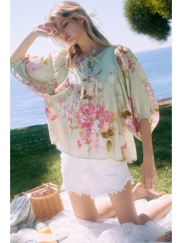 Dayna Tie Front Floral Printed Batwing Sleeve Peplum Blouse Top