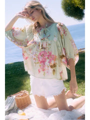 Dayna Tie Front Floral Printed Batwing Sleeve Peplum Blouse Top