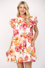 Grandiflora Roses Pintuck Ruffle Sleeve Mini Dress
