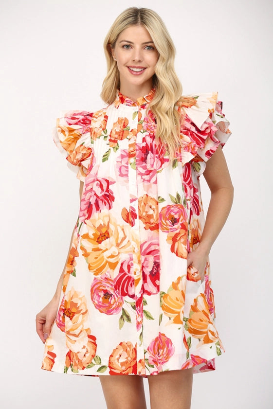 Grandiflora Roses Pintuck Ruffle Sleeve Mini Dress
