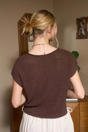 Alana Split Neck Cap Sleeve Ribbon Knit Pullover