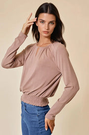 Carole Smocked Waist Long Sleeve Knit Blouse