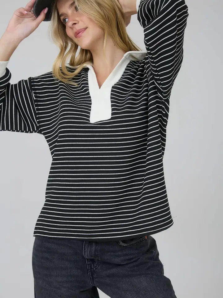 Leanne Contrast Collar Stripe Long Sleeve Knit Top