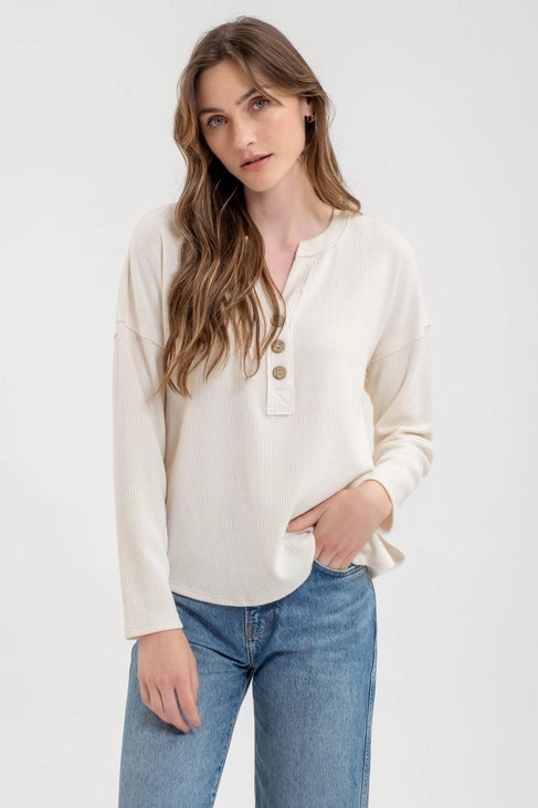 Truly Half Button V-Neck Long Sleeve Sweater Knit Top