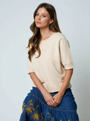 Cole Raw Edge Half Sleeve Sweater Knit Top