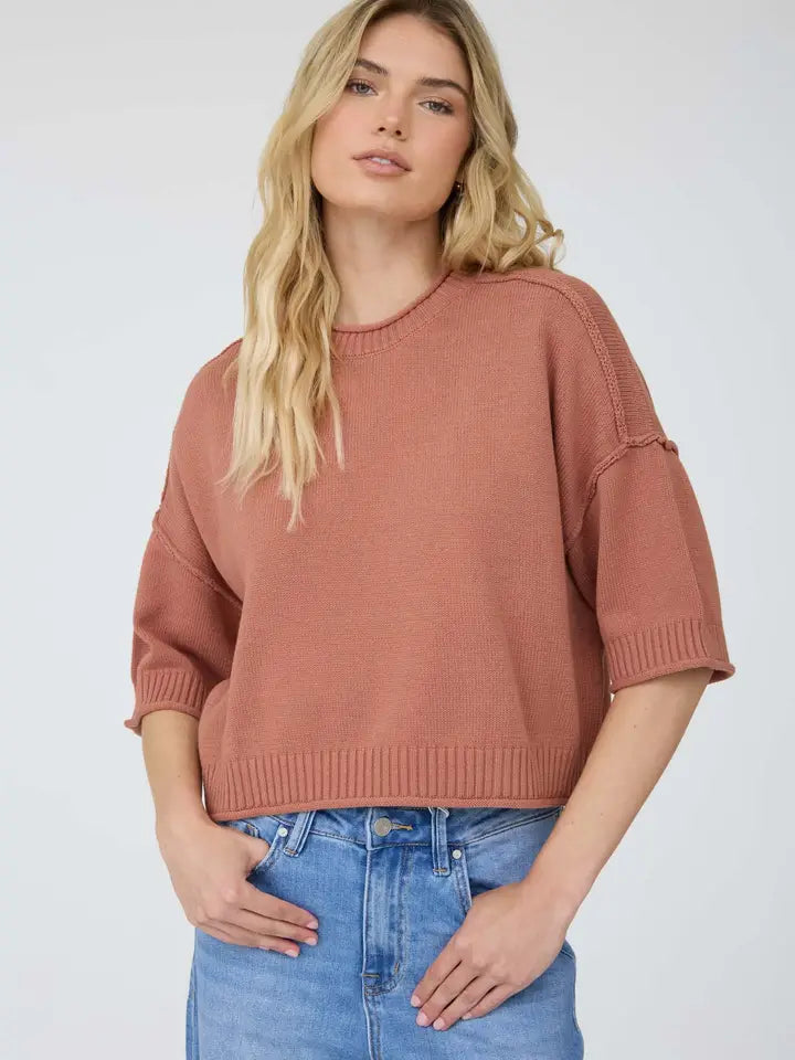 Cora Exposed Seam Drop Shoulder Half Sleeve Sweater Knit Top