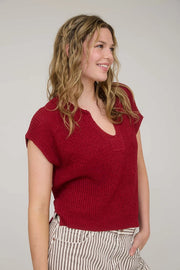 Alana Split Neck Cap Sleeve Ribbon Knit Pullover