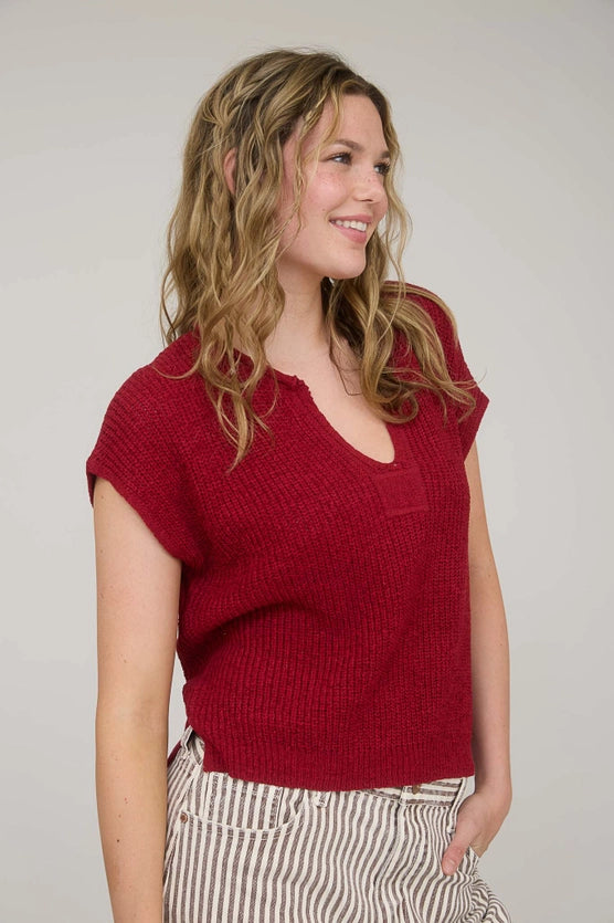 Alana Split Neck Cap Sleeve Ribbon Knit Pullover