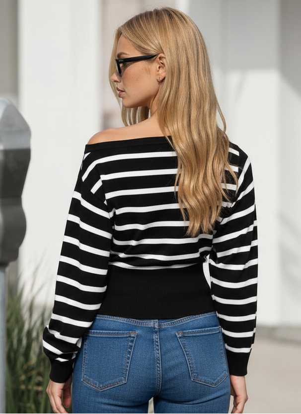 Lindley Boat Neck Fitted Waist Striped Sweater