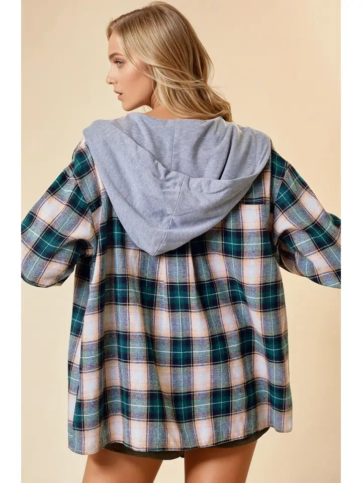 Crockett Hooded Plaid Button Front Shirt Jacket
