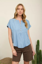 Athena Half Button Chambray Denim Henley Top