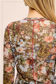 Delta Semi-Sheer Floral Long Sleeve Mesh Top