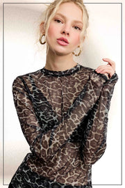 Delta Leopard Print Semi-Sheer Long Sleeve Mesh Top