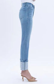 Hollywood BLING High Rise Rhinestone Cuffed Slim Straight Ankle Cropped Jeans