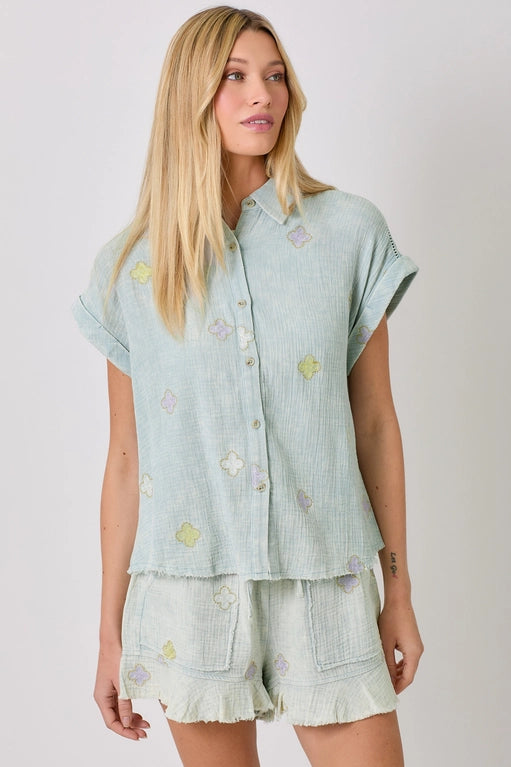 Desirae Embroidered Washed Cotton Gauze Button Front Top