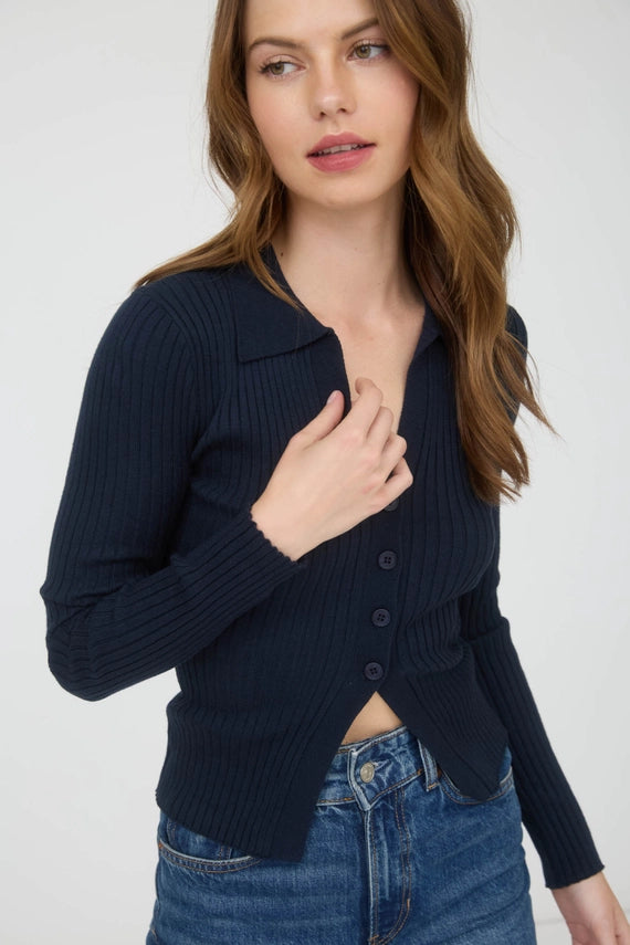 ViVi Collared V-Neckline Button Front Split Hem Sweater Knit Top