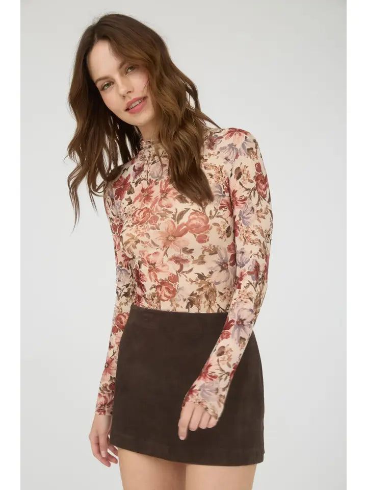 Delta II Floral Semi-Sheer Long Sleeve Mesh Top